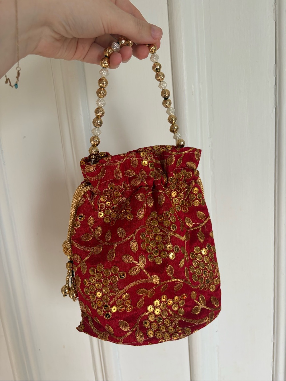 Red With Gold Details Embroidered Beaded Handle Drawstring Bag